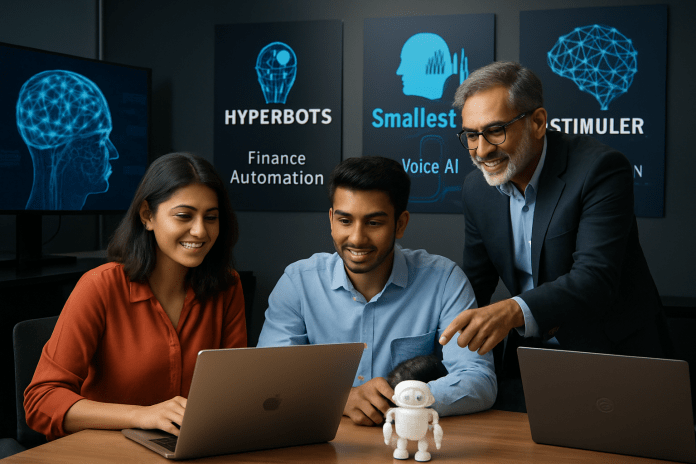 Three Indian entrepreneurs in a tech workspace on AI projects.