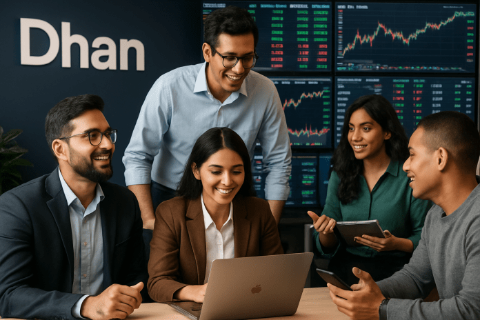 Dhan fintech team discussing technology updates in office