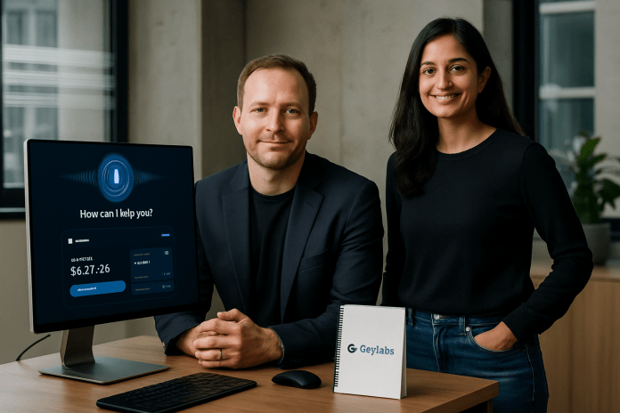 GreyLabs AI co-founders in an office promoting voice AI for banking