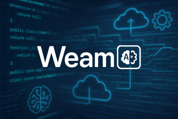 Weam AI platform logo with tech backdrop for open source announcement